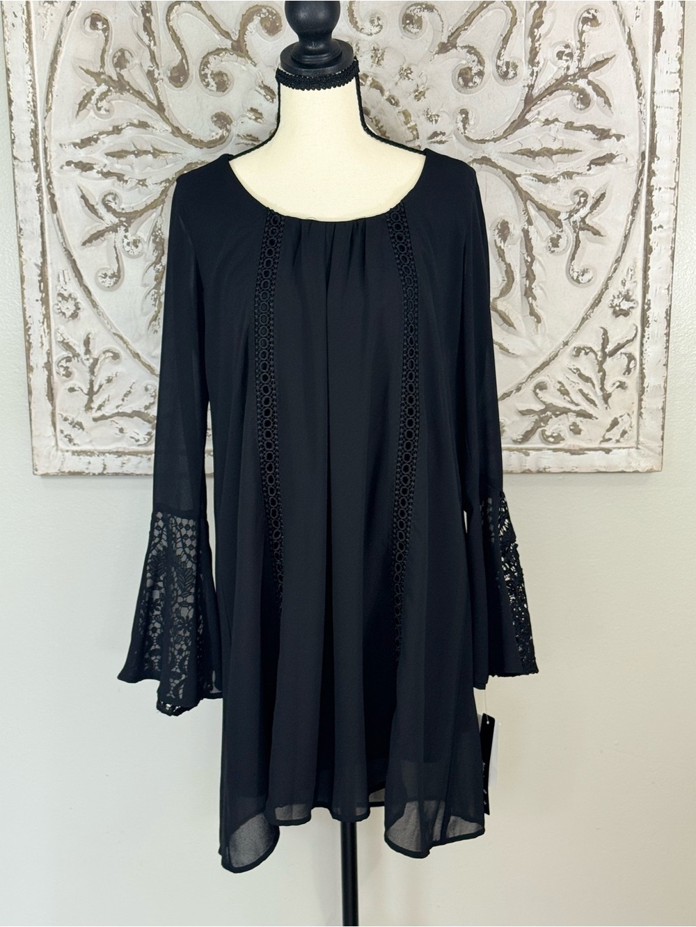 Sequins Hearts Black Sheer Bell Sleeve Dress/Tunic – Medium